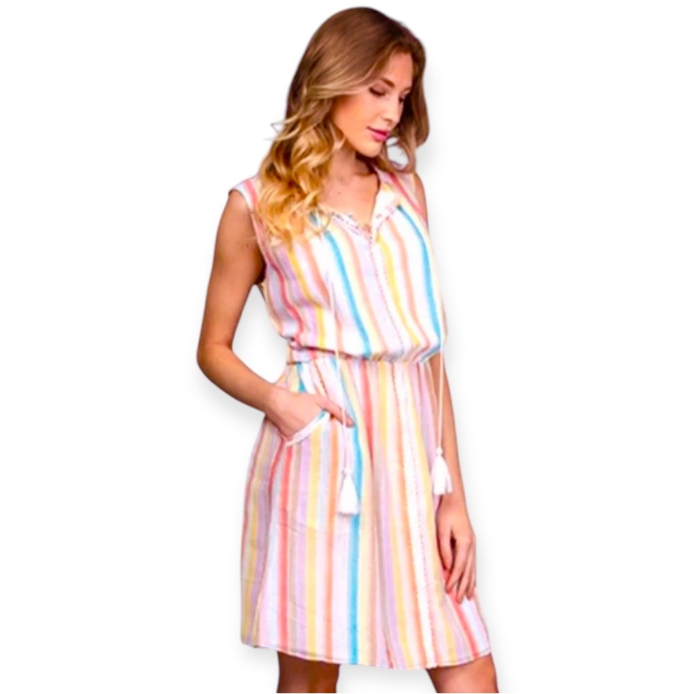 Rainbow Stripe & Metallic Silver Lurex Sleeveless Dress